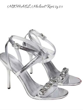 Michael Kors Asha Silver Snake Embossed Leather Chain Sandal Heels 8.5 NEW